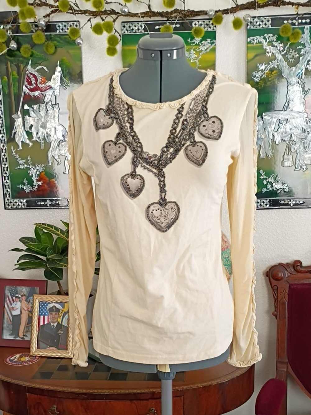 Double D Ranch Cream Long Sleeve T-shirt With Embroidered Necklace Detail Size S